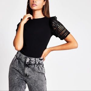 River Island Black Crochet Frill Sleeve Top